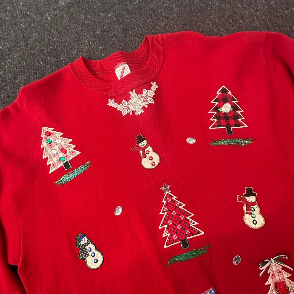 VTG 90s Jerzees Christmas Sweatshirt Mens XL Red Puff Print Ugly Sweater USA